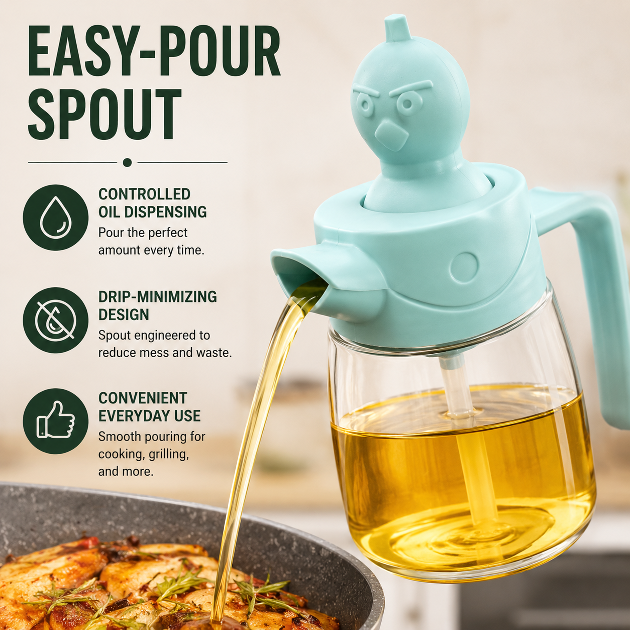 Multi-Use Glass Oil Dispenser with Brush Head pouring cooking oil through a precision spout for controlled dispensing, reduced drips, and everyday kitchen use.