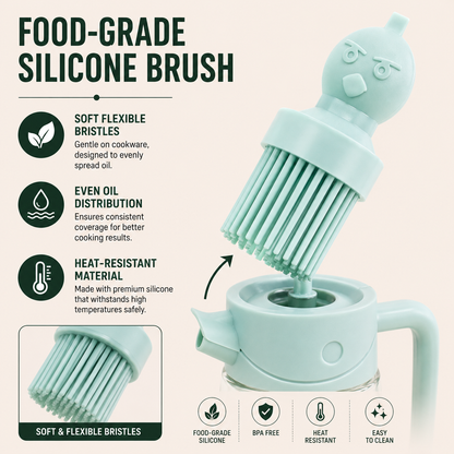 Multi-Use Glass Oil Dispenser with Brush Head featuring food-grade silicone bristles, BPA-free design, heat-resistant material, and easy-to-clean detachable brush for cooking and baking.