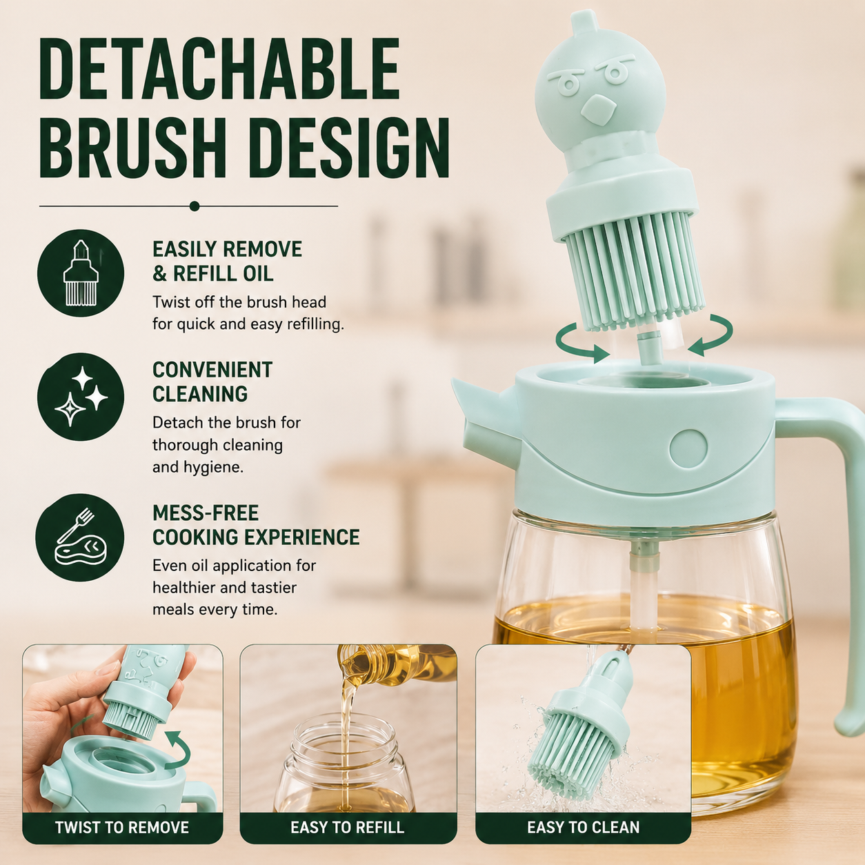Multi-Use Glass Oil Dispenser with Brush Head showing detachable silicone brush design for easy refilling, convenient cleaning, and mess-free oil application in the kitchen.