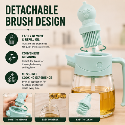 Multi-Use Glass Oil Dispenser with Brush Head showing detachable silicone brush design for easy refilling, convenient cleaning, and mess-free oil application in the kitchen.