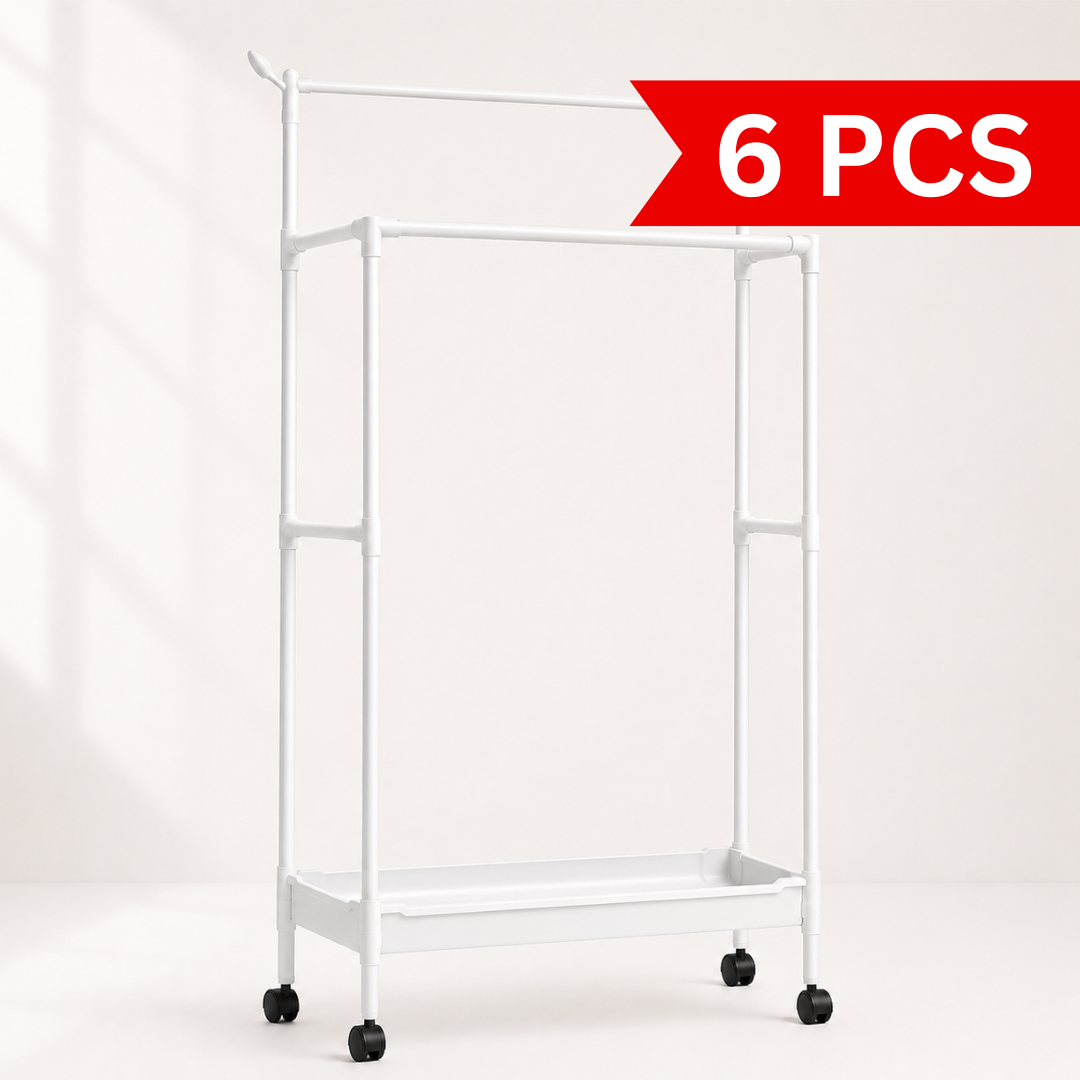 White multipurpose clothes and shoe storage rack with double hanging poles, bottom storage shelf, caster wheels, space-saving garment organizer for bedroom and laundry room