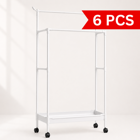 White multipurpose clothes and shoe storage rack with double hanging poles, bottom storage shelf, caster wheels, space-saving garment organizer for bedroom and laundry room