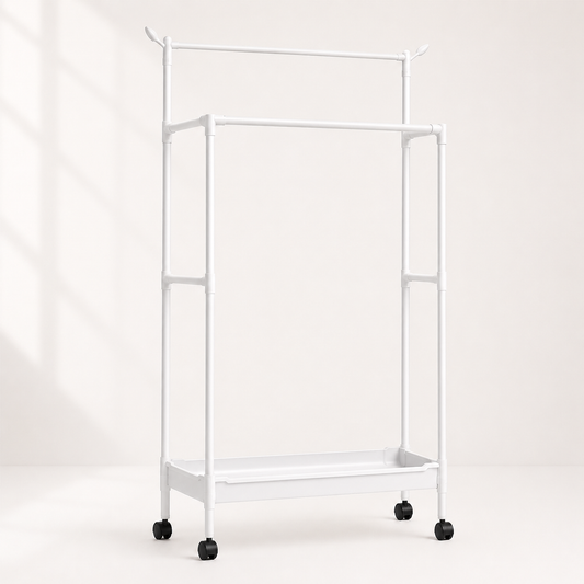 White multipurpose clothes and shoe storage rack with double hanging poles, bottom storage shelf, caster wheels, space-saving garment organizer for bedroom and laundry room