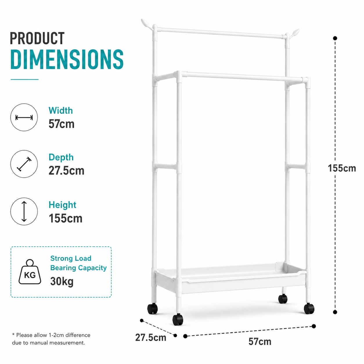 Multipurpose Clothes & Shoe Storage Rack with wheels, 57cm width, 27.5cm depth, 155cm height, 30kg load capacity, white double pole garment organizer for home storage