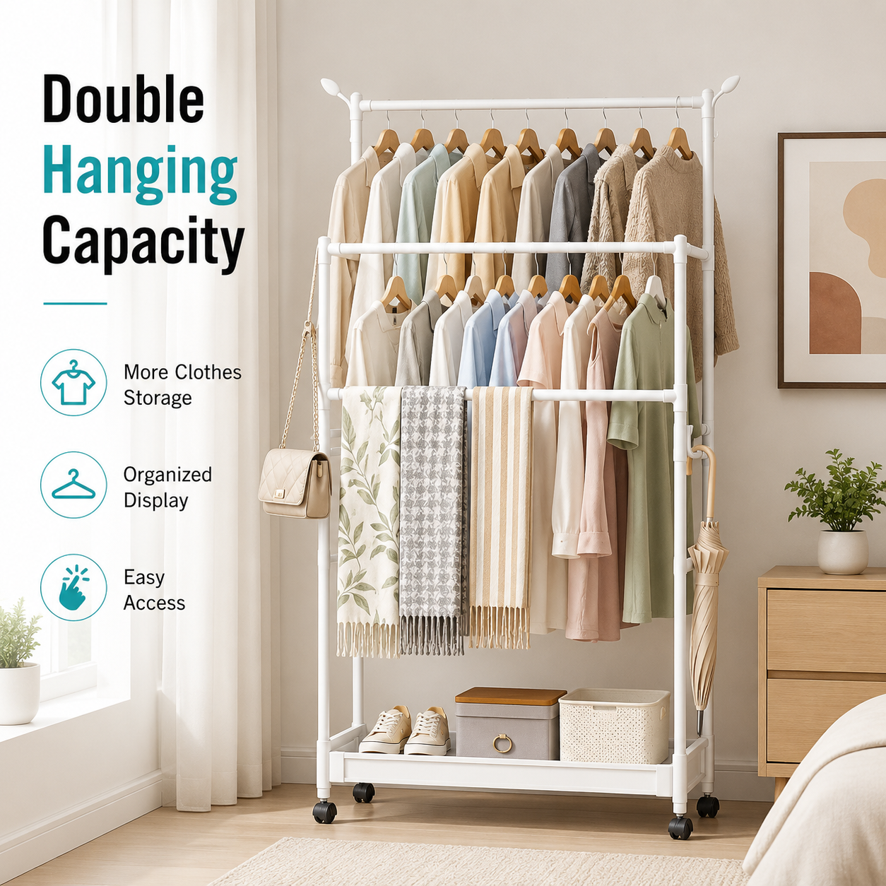 Multipurpose clothes and shoe storage rack with double hanging rails, clothing organization display, shoe storage shelf, rolling garment rack for bedroom and home organization