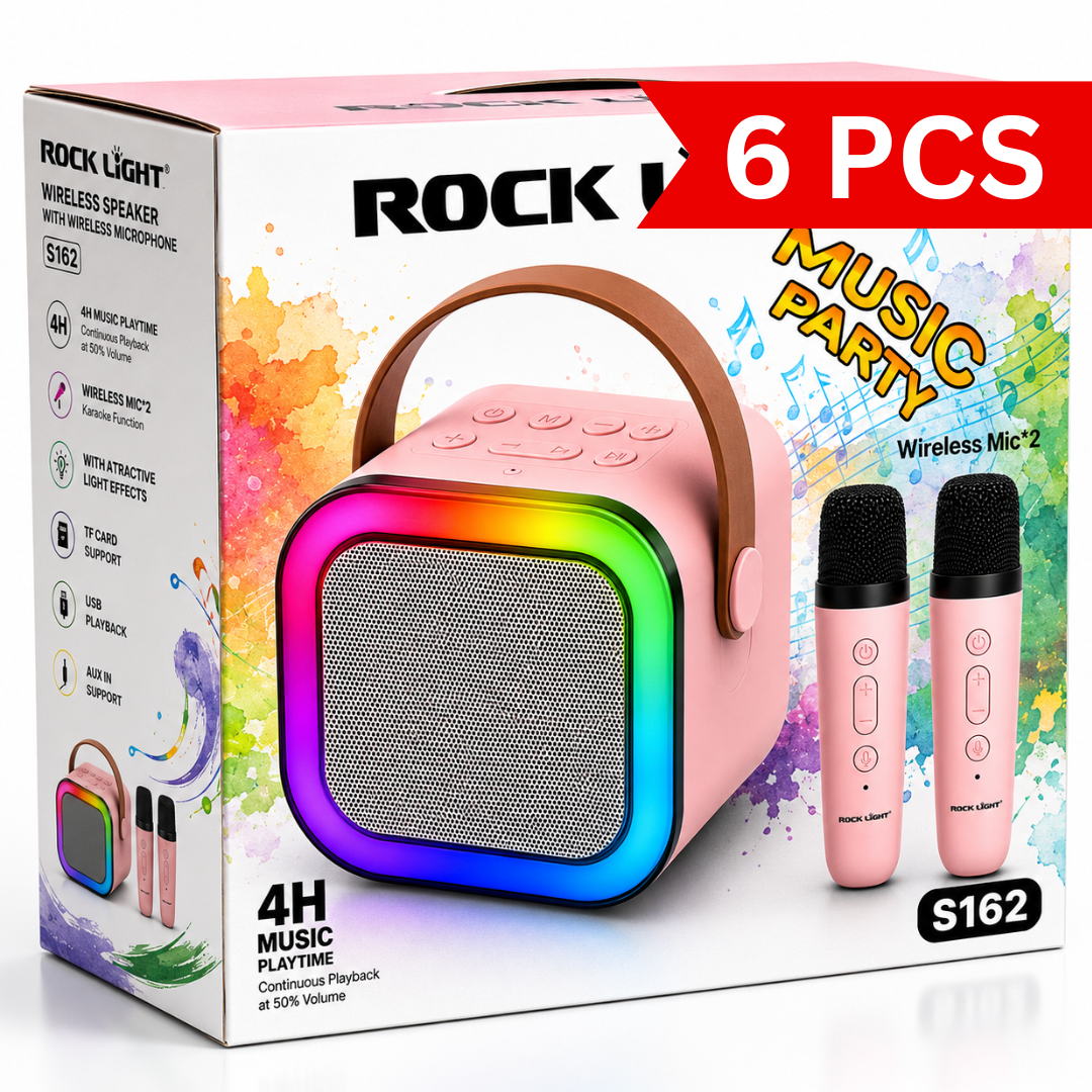 Retail packaging of a portable RGB karaoke speaker with two wireless microphones. Features Bluetooth 5.0, RGB lighting, USB playback, TF card support, AUX input, rechargeable battery, and up to 4 hours of music playback.