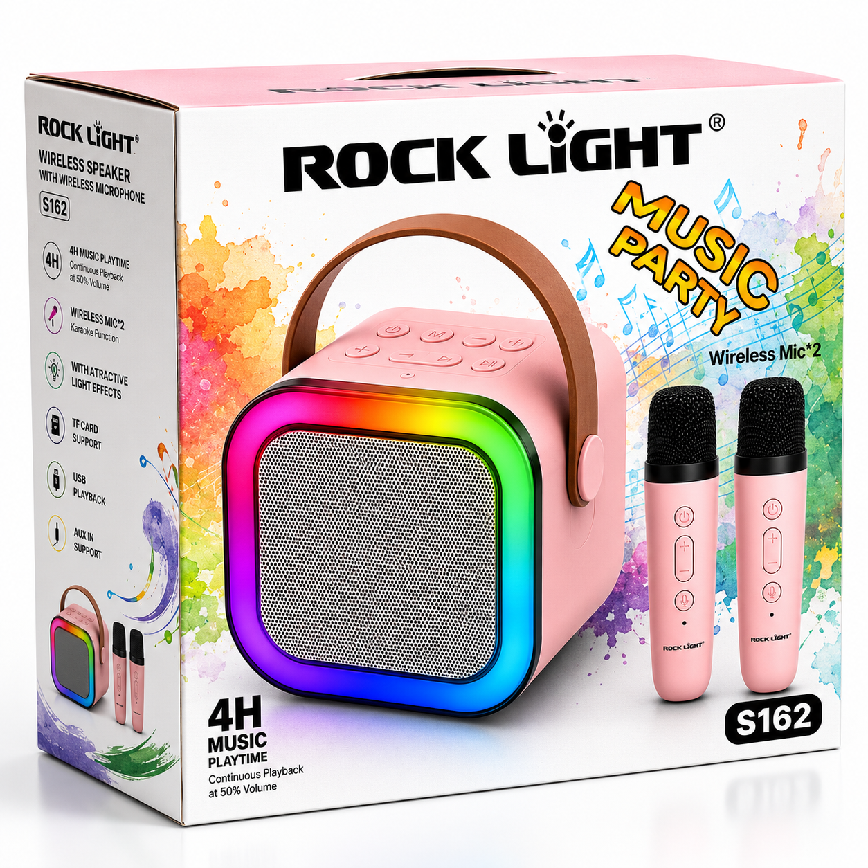 Retail packaging of a portable RGB karaoke speaker with two wireless microphones. Features Bluetooth 5.0, RGB lighting, USB playback, TF card support, AUX input, rechargeable battery, and up to 4 hours of music playback.