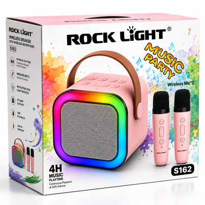 Retail packaging of a portable RGB karaoke speaker with two wireless microphones. Features Bluetooth 5.0, RGB lighting, USB playback, TF card support, AUX input, rechargeable battery, and up to 4 hours of music playback.