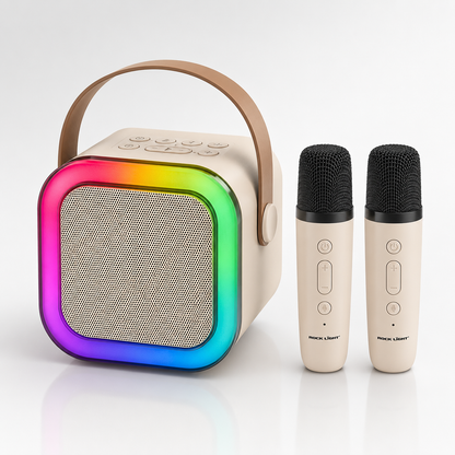 Portable RGB karaoke speaker with two wireless microphones featuring colourful LED lighting, built-in carry handle, compact design, and premium finish for karaoke, music, and home entertainment.