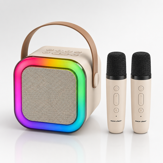 Portable RGB karaoke speaker with two wireless microphones featuring colourful LED lighting, built-in carry handle, compact design, and premium finish for karaoke, music, and home entertainment.