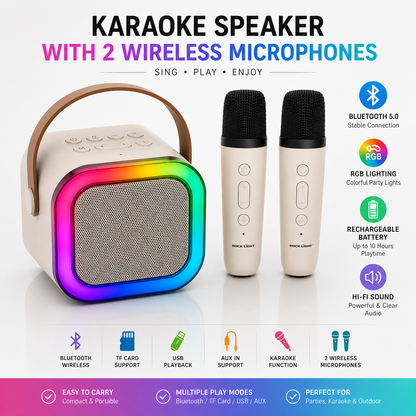 Portable karaoke speaker with two wireless microphones featuring Bluetooth 5.0, RGB lighting, USB playback, TF card support, AUX input, rechargeable battery, Hi-Fi sound, and compact portable design.