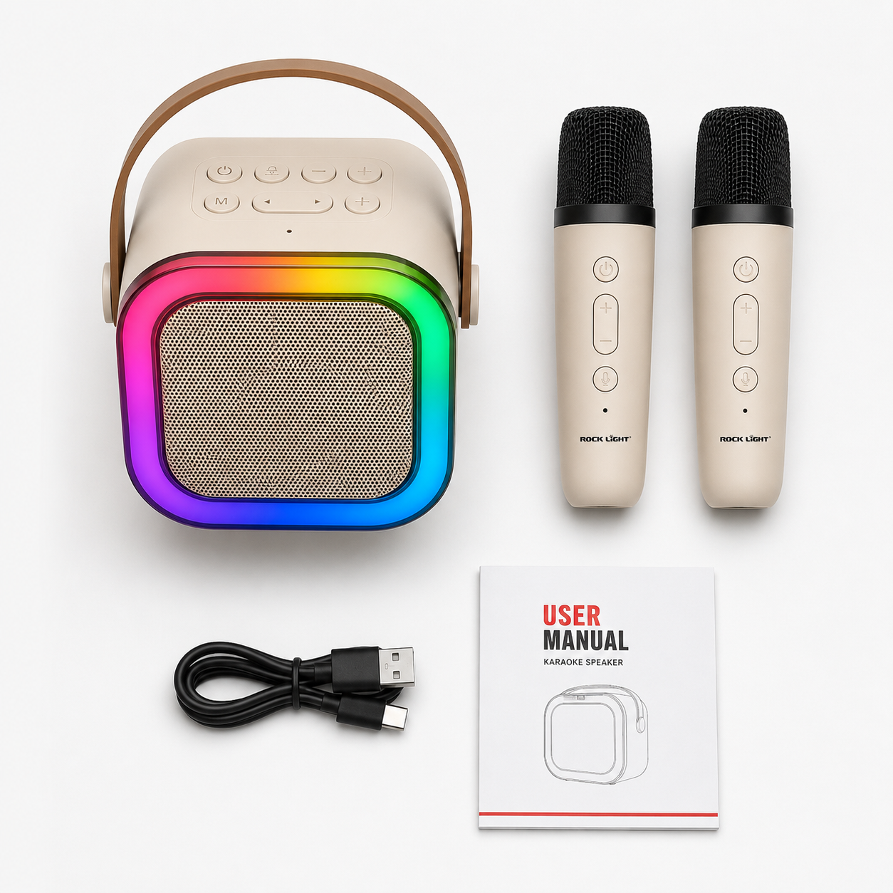 Complete karaoke speaker package including RGB wireless speaker, two wireless microphones, USB charging cable, and user manual neatly arranged