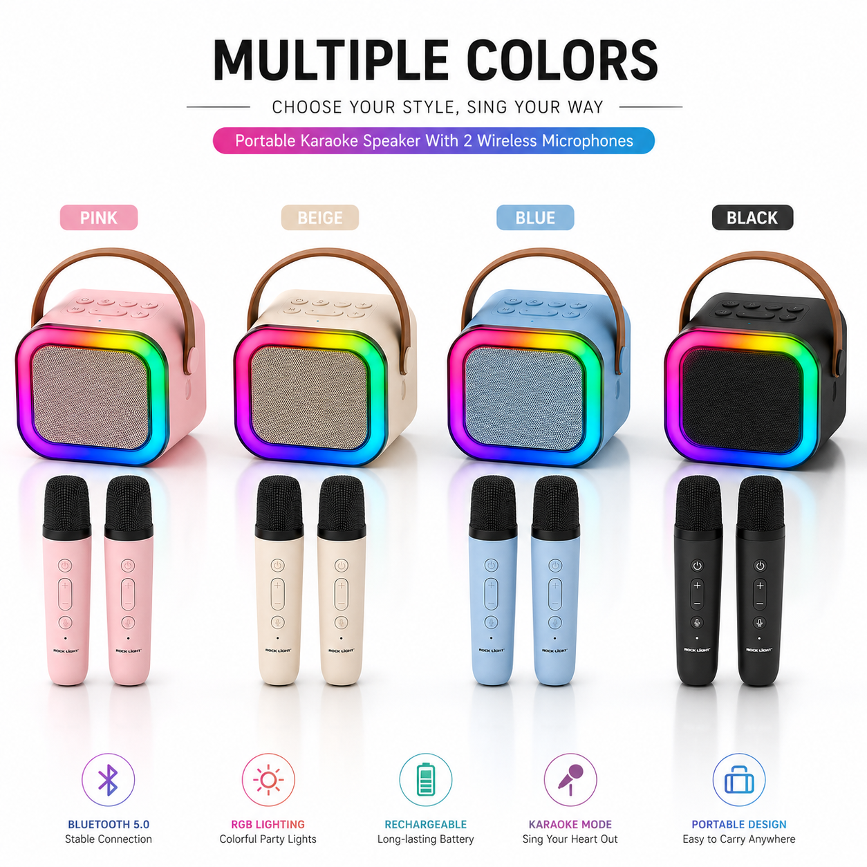Portable RGB karaoke speaker with two wireless microphones available in Pink, Beige, Blue, and Black. Features Bluetooth 5.0, rechargeable battery, RGB party lights, karaoke mode, and portable carry handle.
