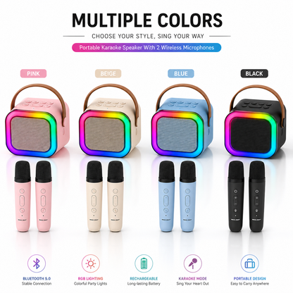 Portable RGB karaoke speaker with two wireless microphones available in Pink, Beige, Blue, and Black. Features Bluetooth 5.0, rechargeable battery, RGB party lights, karaoke mode, and portable carry handle.