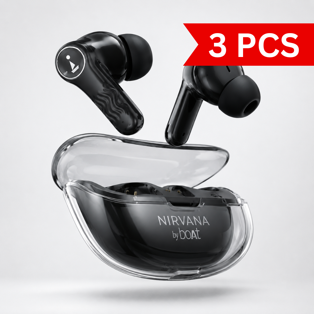 True wireless earbuds floating above a transparent charging case, featuring ergonomic in-ear design, glossy black finish, and crystal-style charging case on a minimalist background.
