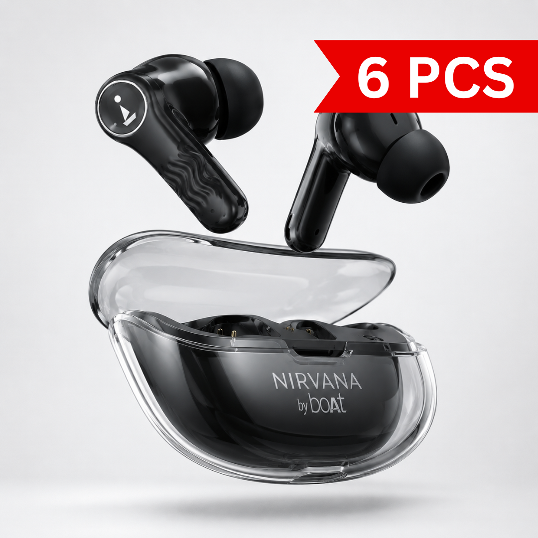 True wireless earbuds floating above a transparent charging case, featuring ergonomic in-ear design, glossy black finish, and crystal-style charging case on a minimalist background.