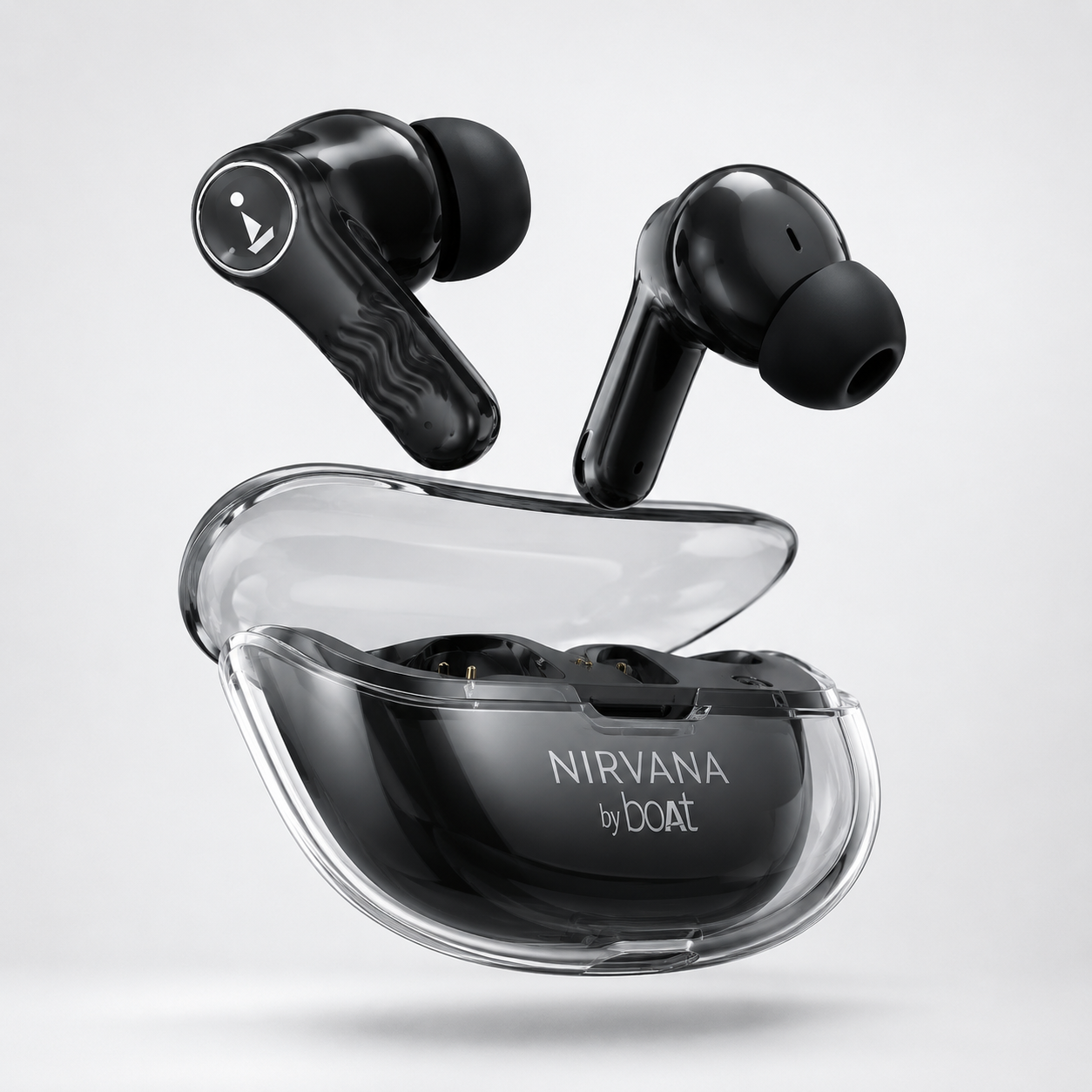 True wireless earbuds floating above a transparent charging case, featuring ergonomic in-ear design, glossy black finish, and crystal-style charging case on a minimalist background.