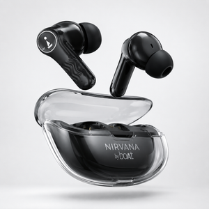 True wireless earbuds floating above a transparent charging case, featuring ergonomic in-ear design, glossy black finish, and crystal-style charging case on a minimalist background.