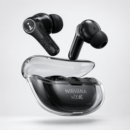 True wireless earbuds floating above a transparent charging case, featuring ergonomic in-ear design, glossy black finish, and crystal-style charging case on a minimalist background.