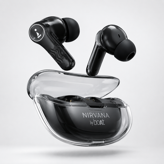 True wireless earbuds floating above a transparent charging case, featuring ergonomic in-ear design, glossy black finish, and crystal-style charging case on a minimalist background.
