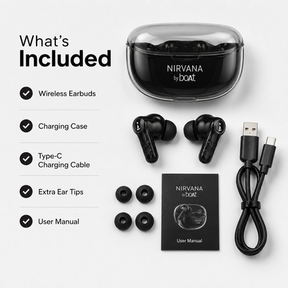 Wireless earbuds package contents including transparent charging case, earbuds, Type-C charging cable, extra ear tips, and user manual displayed on a clean white background.
