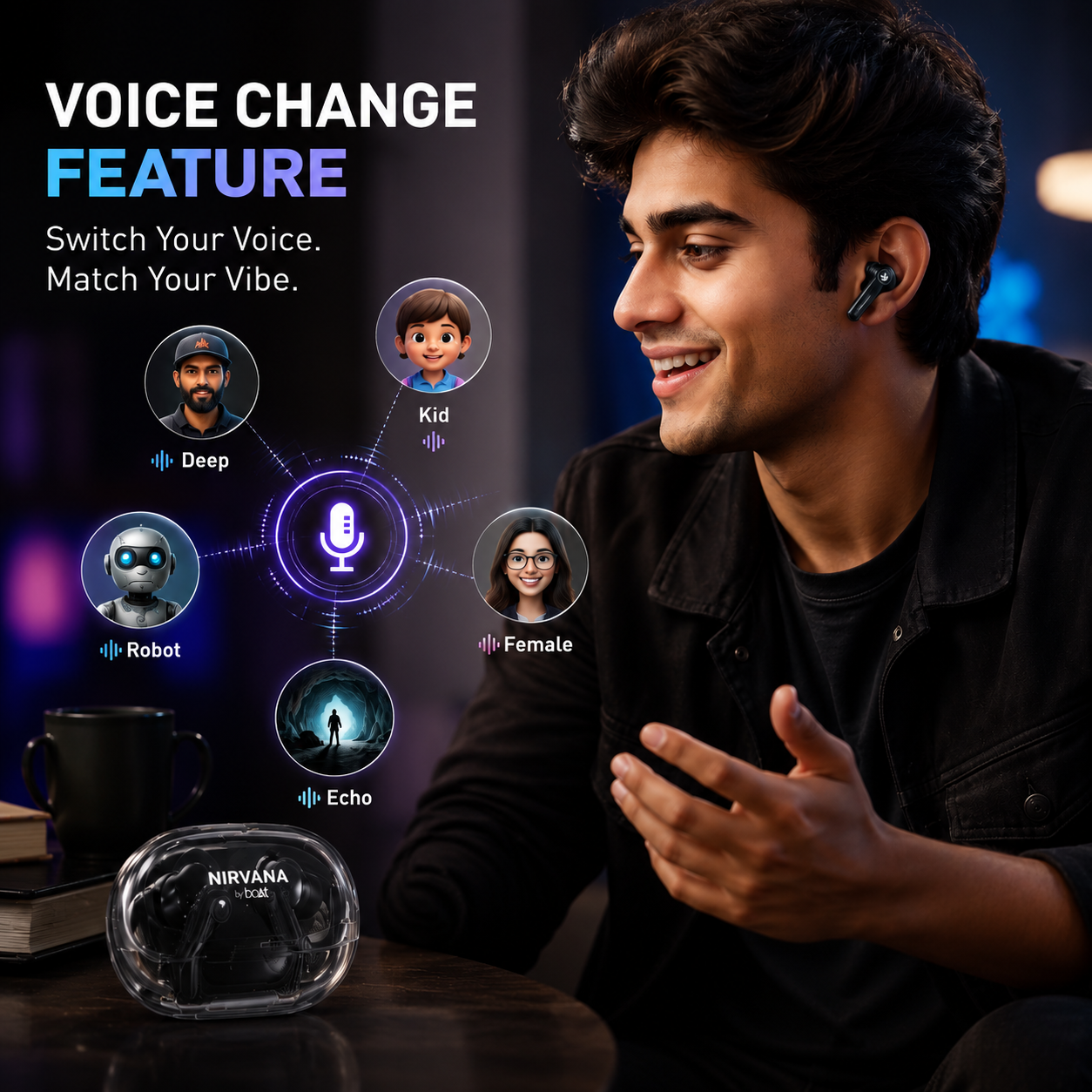 Young man using wireless earbuds with voice changer feature demonstration showing multiple voice modes including deep, kid, female, robot, and echo, alongside a transparent charging case.