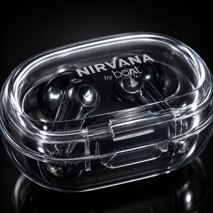 Premium close-up of transparent wireless earbuds charging case with earbuds inside, showcasing crystal-clear design, glossy finish, and compact portable form factor.