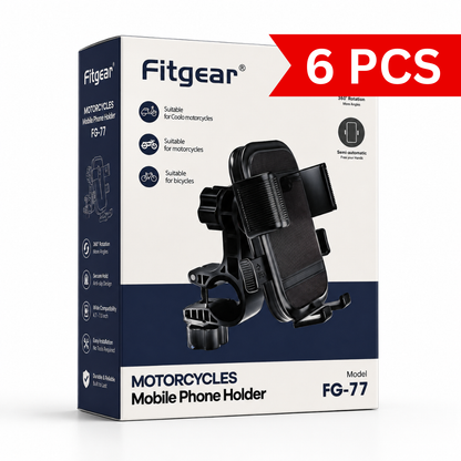 Premium black motorcycle mobile phone holder with adjustable handlebar clamp displayed beside retail packaging on a clean white background, featuring 360° rotation, one-hand locking mechanism, and universal bike compatibility.