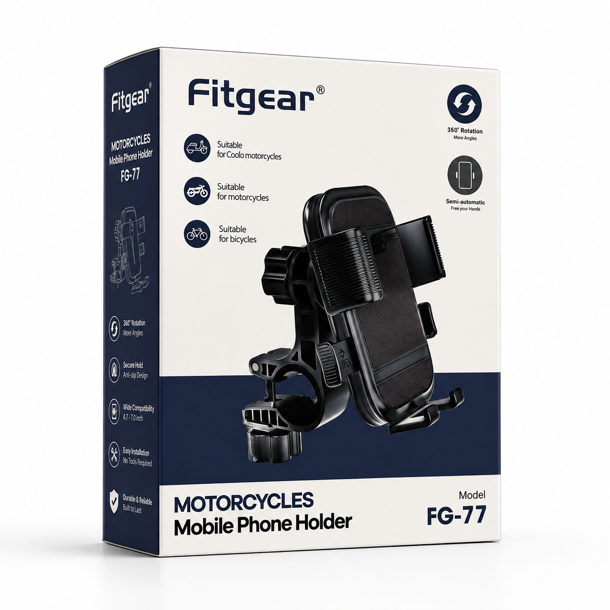 Premium black motorcycle mobile phone holder with adjustable handlebar clamp displayed beside retail packaging on a clean white background, featuring 360° rotation, one-hand locking mechanism, and universal bike compatibility.