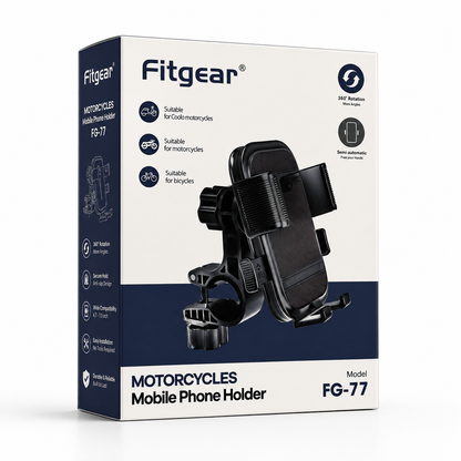 Premium black motorcycle mobile phone holder with adjustable handlebar clamp displayed beside retail packaging on a clean white background, featuring 360° rotation, one-hand locking mechanism, and universal bike compatibility.