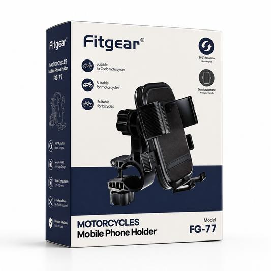 Premium black motorcycle mobile phone holder with adjustable handlebar clamp displayed beside retail packaging on a clean white background, featuring 360° rotation, one-hand locking mechanism, and universal bike compatibility.