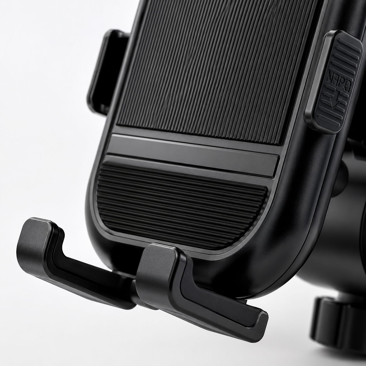 Detailed close-up of the reinforced bottom cradle and textured anti-slip back panel, offering stable phone support and vibration resistance on rough roads.