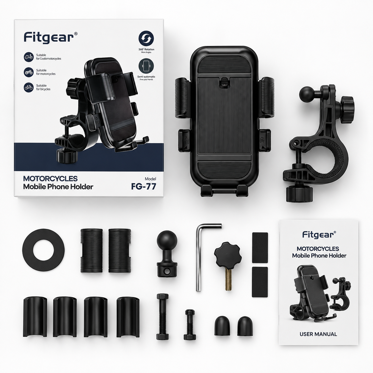 Complete motorcycle mobile phone holder kit including handlebar mount, adjustable phone holder, ball joint, mounting sleeves, rubber spacers, screws, Allen key, tightening knob, and user manual arranged on a white background.