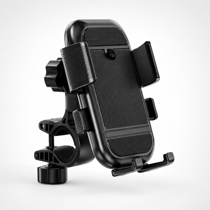 Universal 360° motorcycle mobile phone holder with adjustable handlebar clamp, one-hand locking system, anti-slip silicone grips, and durable black finish for bikes, scooters, and bicycles.