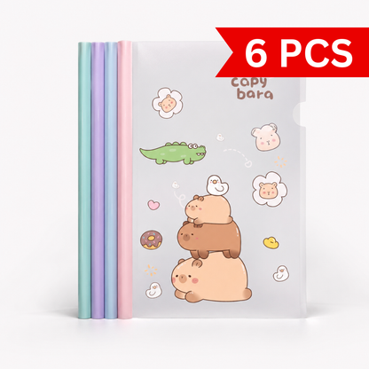 Pastel Cartoon Document File Folder in pastel green, purple, blue and pink spine colours, featuring cute capybara artwork and frosted translucent cover.
