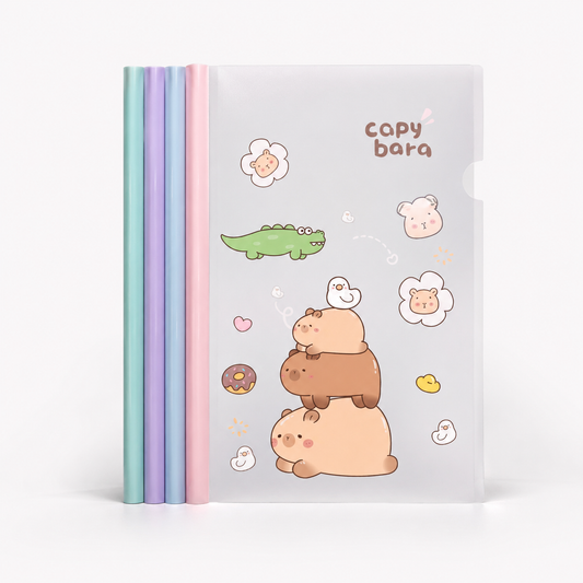 Pastel Cartoon Document File Folder in pastel green, purple, blue and pink spine colours, featuring cute capybara artwork and frosted translucent cover.