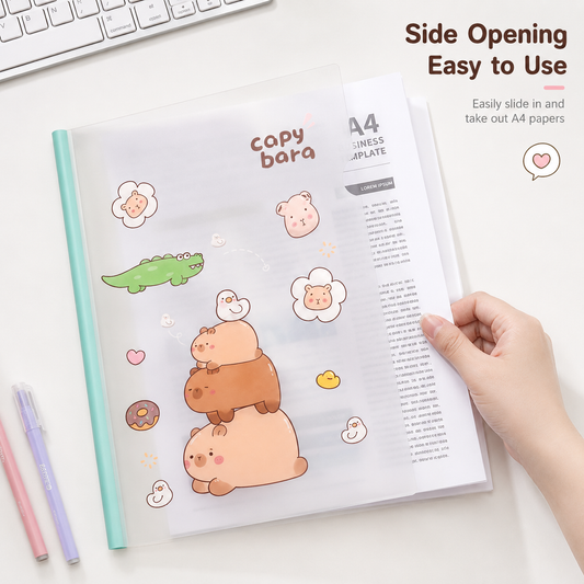 Pastel Cartoon Document File Folder with side opening design, showing easy insertion and removal of A4 papers, transparent protective document organizer.