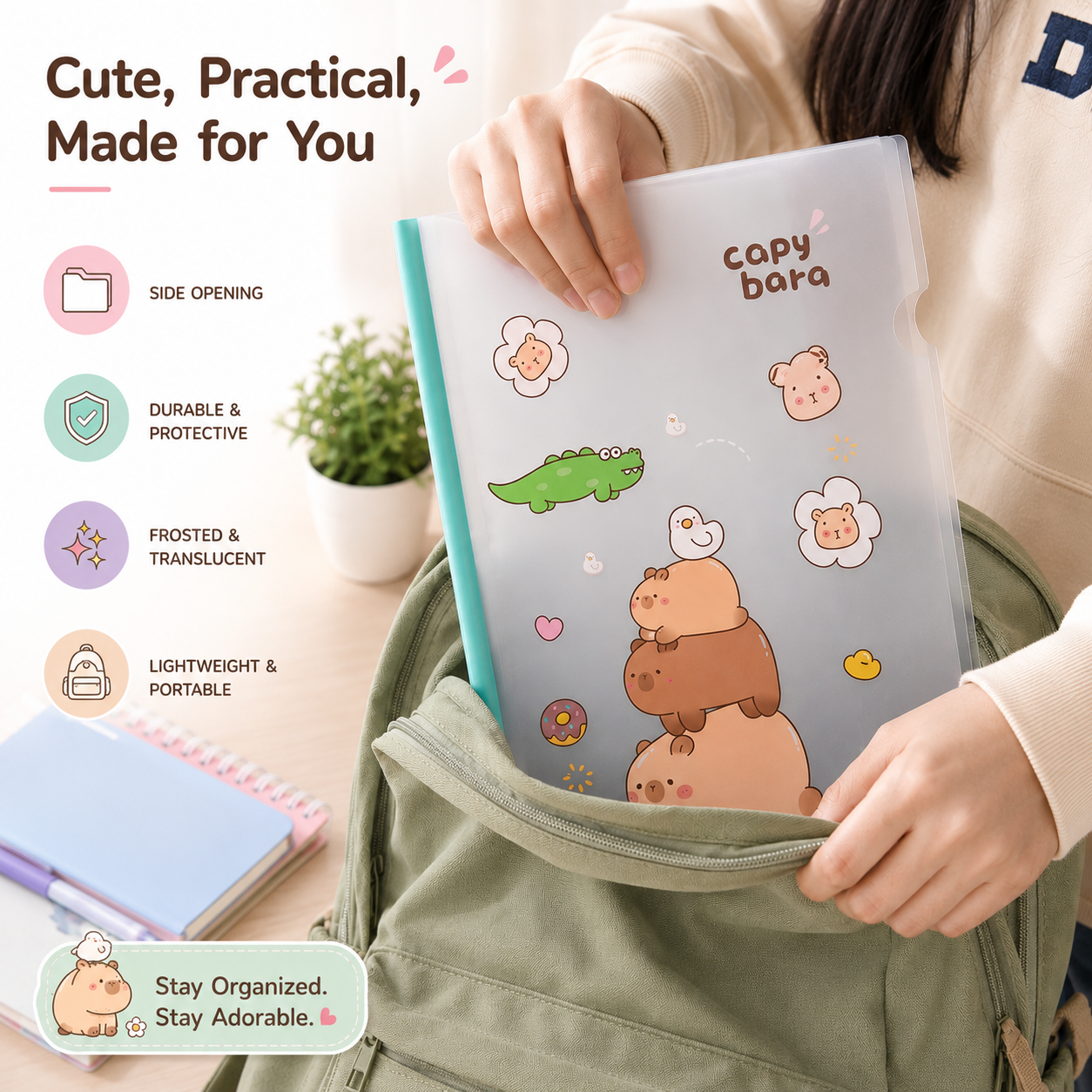 Pastel Cartoon Document File Folder being placed inside a backpack, lightweight portable A4 file organizer with frosted cover and cute capybara print.
