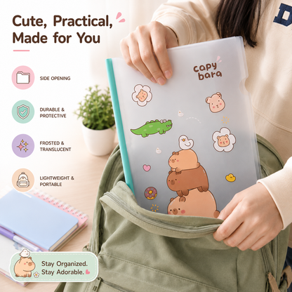 Pastel Cartoon Document File Folder being placed inside a backpack, lightweight portable A4 file organizer with frosted cover and cute capybara print.