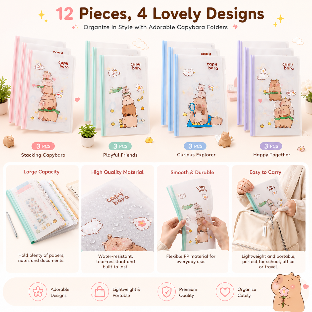 Set of 12 Pastel Cartoon Document File Folders with cute capybara designs, A4 transparent document organizers for students and office use.