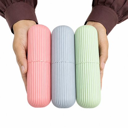 Pastel toothbrush travel cases in pink, blue and green colors, portable protective toothbrush holders for hygienic storage