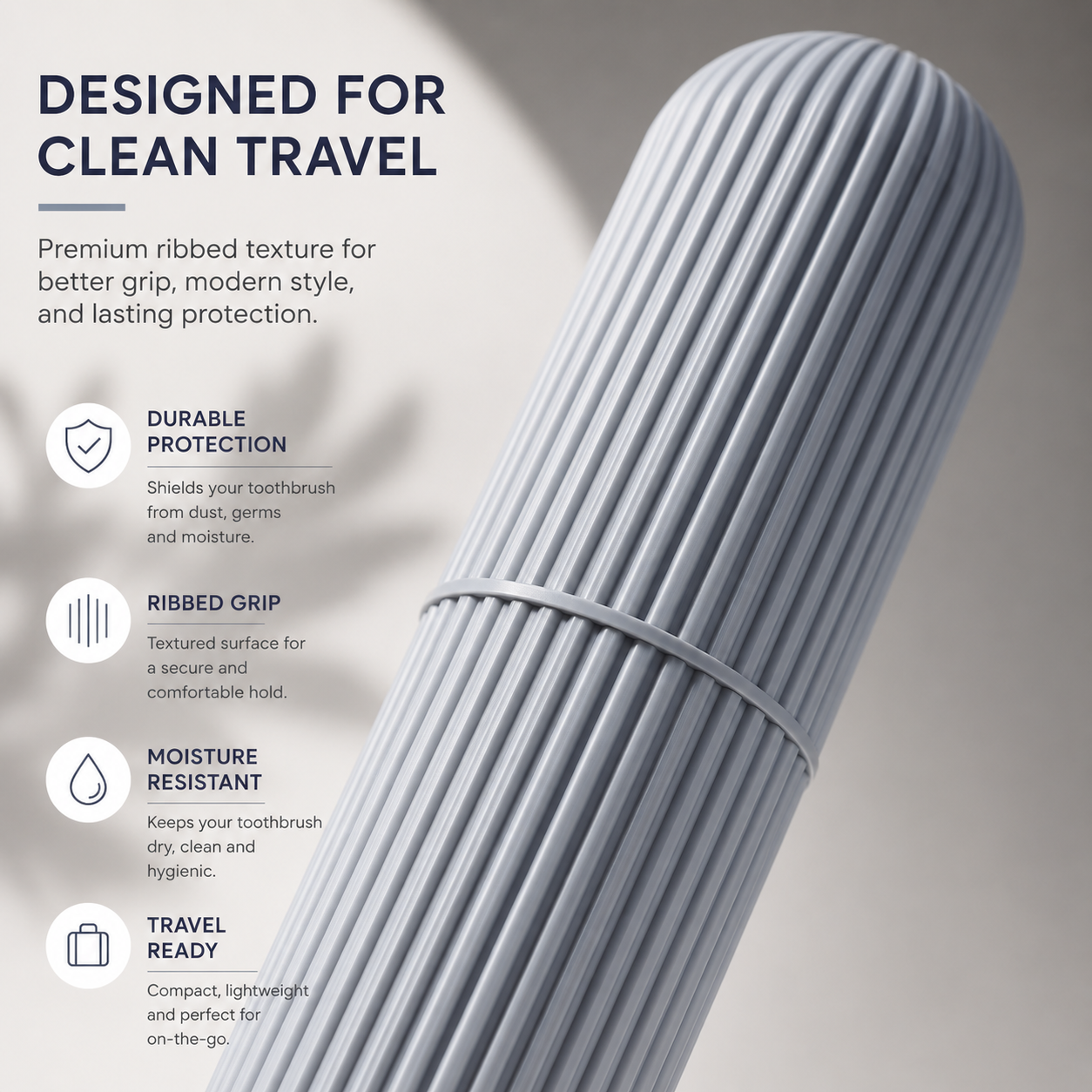 Travel toothbrush case with ribbed grip design, moisture-resistant protective toothbrush holder, portable hygiene storage case for travel and daily use
