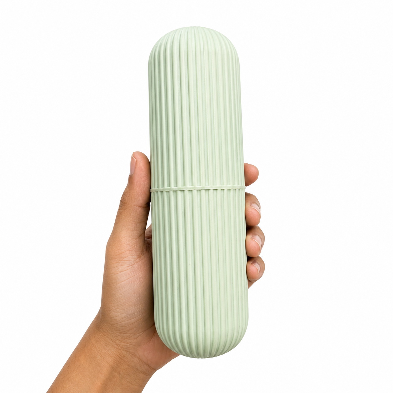 Green portable toothbrush case with textured ribbed surface, compact travel toothbrush holder for home, office and travel