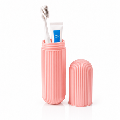Portable toothbrush and toothpaste holder case, ribbed travel toothbrush container with secure protective cover and compact design