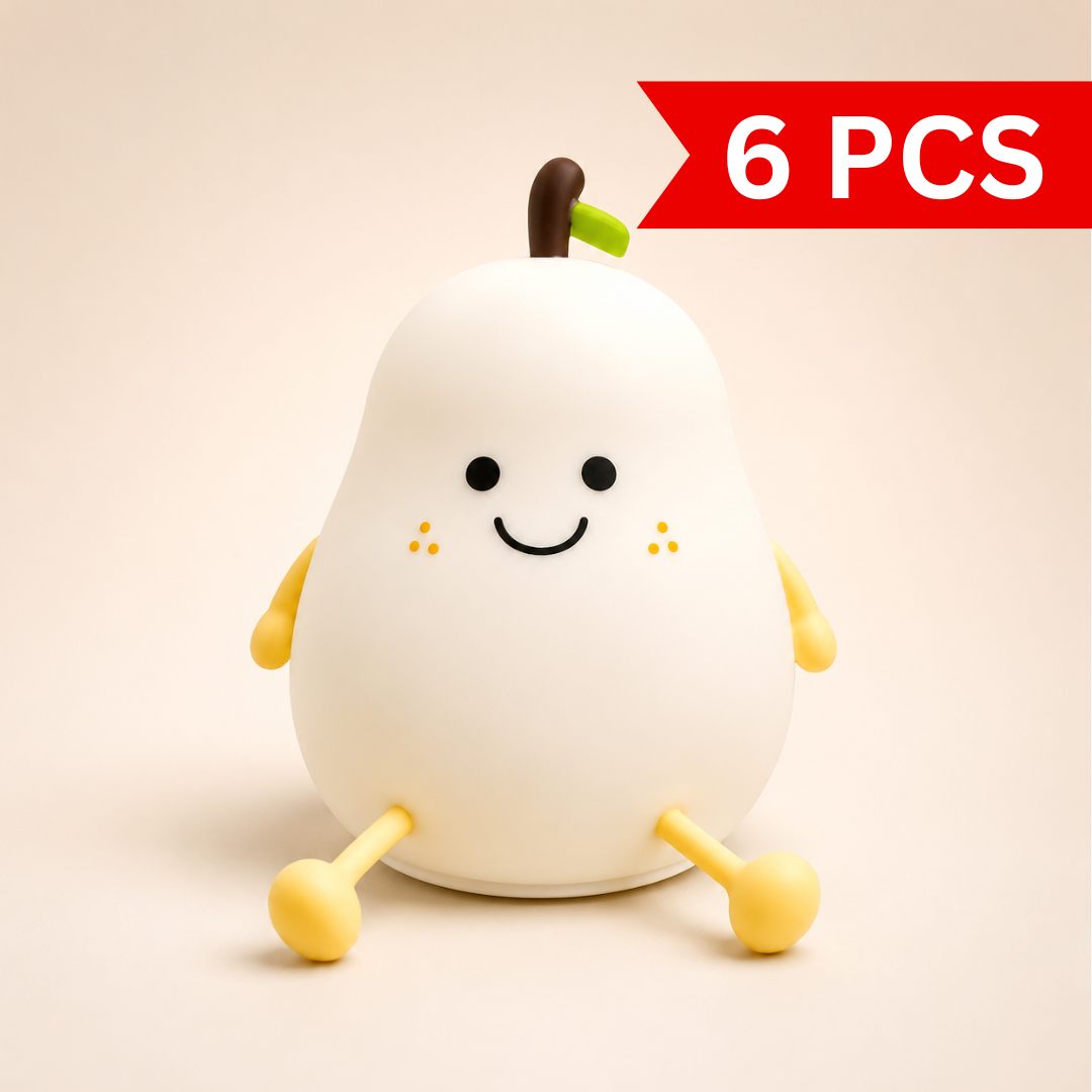 Cute pear shaped sleeping lamp with smiling face, soft silicone body and warm white glow, premium bedside night light for kids room and home décor.