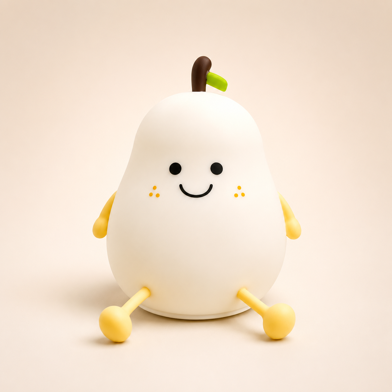 Cute pear shaped sleeping lamp with smiling face, soft silicone body and warm white glow, premium bedside night light for kids room and home décor.