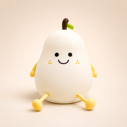 Cute pear shaped sleeping lamp with smiling face, soft silicone body and warm white glow, premium bedside night light for kids room and home décor.