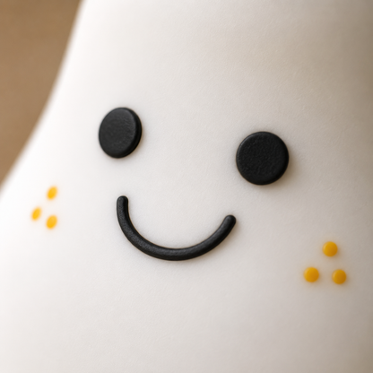 Extreme close-up of smiling face on pear shaped silicone night lamp, showcasing cute character design, smooth matte texture and premium kids bedside light details.