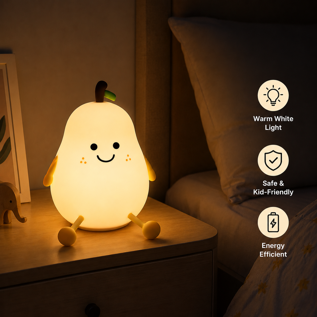 Pear shaped LED night lamp glowing warm white on bedside table, creating cozy bedroom ambiance with soft lighting for kids room, nursery and bedtime comfort.