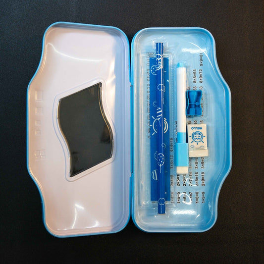 Space Theme Pencil Box for Kids with School Kit open view including pencil ruler eraser sharpener and pen accessories